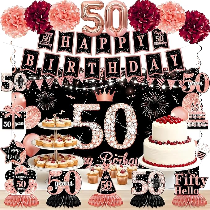 50th Birthday Decorations for Women - Rose Gold Crown Kit with Happy Birthday Banner, Foil Balloons, Backdrop, Sash & More - High - Quality, Diverse Party Items for Effortless Setup