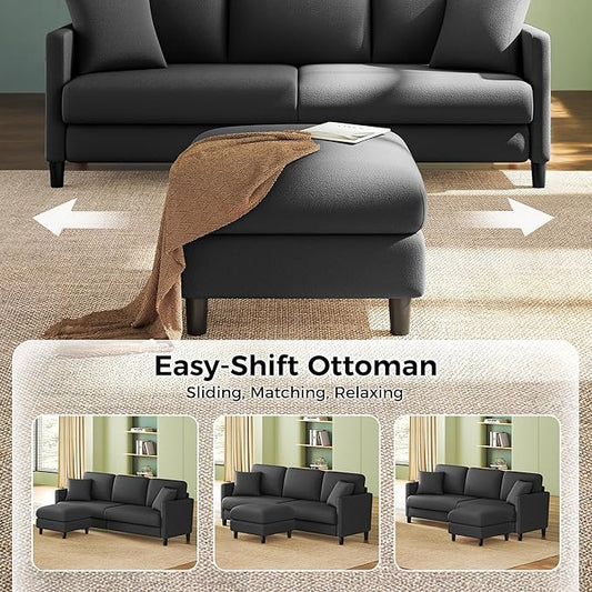 83" Couches for Living Room, Comfy Sofas for Living Room with Storage Ottoman, Teddy Sofa Couch, Tool-Free Loveseat Sofa, All-Wood Love Seat Couches, L Shaped Couch 2 Pillow Included, Grey
