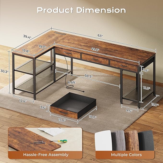 PRAISUN 63 Inch L Shaped Office Desk with Power Outlets and Type-C Port, Large Computer Gaming Desk with 3 Fabric Drawers, Mesh Shelves, Corner Study Work Writing Desk, Rustic Brown