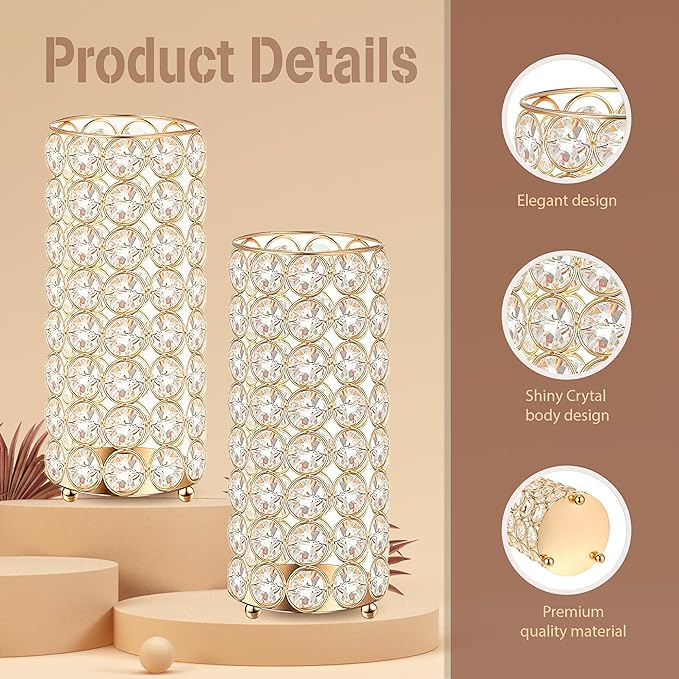 8 Pcs Gold Crystal Flower Vase and Pillar Candle Holder Set, 7.87" Metal Cylinder Stand for Wedding Table Centerpieces, Flower Arrangements, Christmas Party, Event Decor, and Gifts