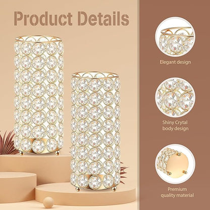 8 Pcs Gold Crystal Flower Vase and Pillar Candle Holder Set, 7.87" Metal Cylinder Stand for Wedding Table Centerpieces, Flower Arrangements, Christmas Party, Event Decor, and Gifts