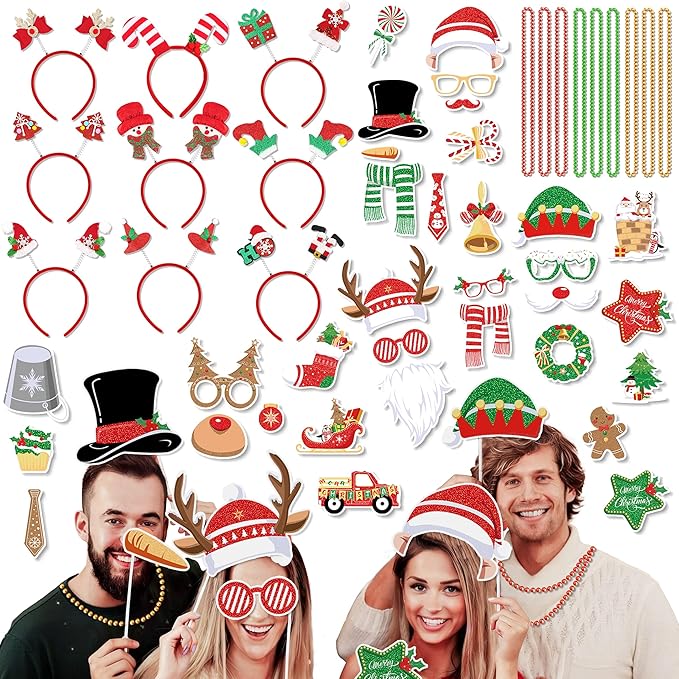 fiintrwa Christmas Headband Beads Necklace Hair Hoop Eyewear Eyeglass Santa Hat Photo Props for Xmas Party Decoration Supplie