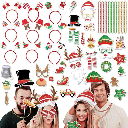 fiintrwa Christmas Headband Beads Necklace Hair Hoop Eyewear Eyeglass Santa Hat Photo Props for Xmas Party Decoration Supplie