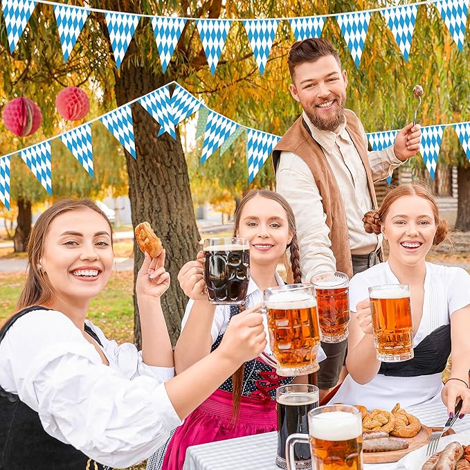 100 FT Oktoberfest Party Decorations, 3 Pack Pre-assemble Pennant Banner Flags, Plastic Blue and White Checkered Hanging Oktoberfest Decor German Bavarian Beer Festival Indoor Outdoor Party Supplies
