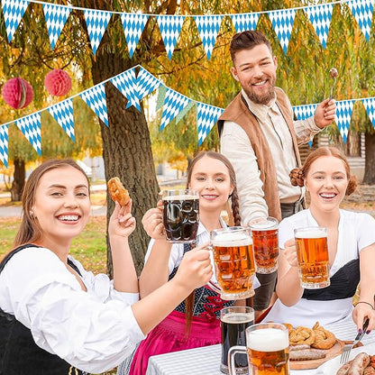 100 FT Oktoberfest Party Decorations, 3 Pack Pre-assemble Pennant Banner Flags, Plastic Blue and White Checkered Hanging Oktoberfest Decor German Bavarian Beer Festival Indoor Outdoor Party Supplies