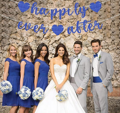 Pre-Strung Happily Ever After Banner - Royal Blue Glitter Bachelorette Bridal Engagement Party Decoration Supplies, Bachelorette Wedding Party Banner for Engagement, Bridal Shower, Wedding Party Photo Booth Props