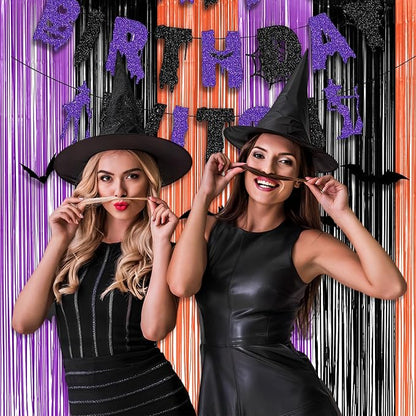 Black Purple Orange Party Streamers - GREATRIL Foil Fringe Backdrop for Hocu Birthdays Halloween Party Supplies - 3.2ft X 8.2ft - 2 Packs