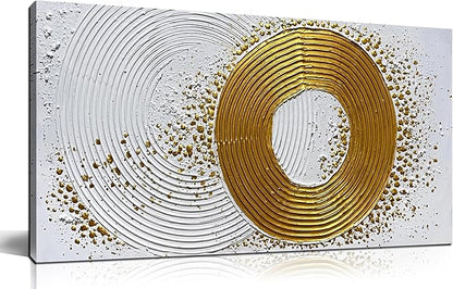 Abstract Hand Painted Wall Art for Living Room White and Gold Wall Decor for Office Circle Wall Art for Bedroom Size 20 x 40 Inch
