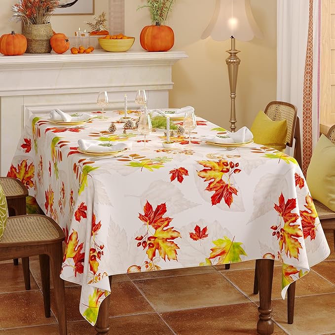 Fall Rectangle Tablecloth 60 x 84 Inch, Thanksgiving Autumn Harvest Maple Leaves Table Cloth, Spill Proof Wipeable Washable Rectangular Table Covers for Party Picnic Dinner Decor