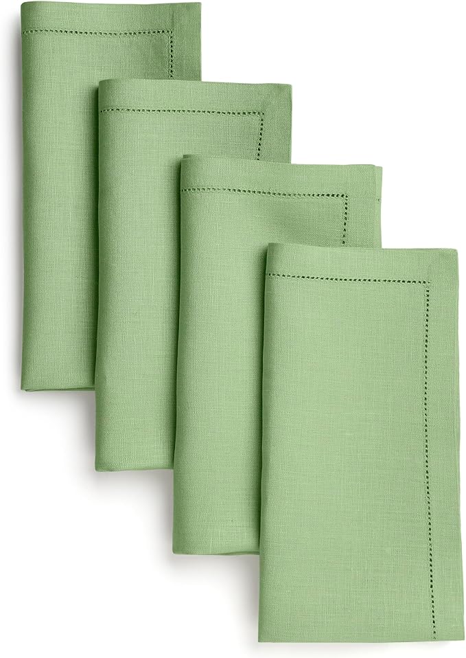 D'Moksha Homes Sage Green Linen Napkins Set of 4 - Classic Hemstitch 100% Pure Linen Hemstitch Dinner Napkins 20 x 20 Inch for Winter, Christmas, Holiday - Handcrafted and Machine Washable