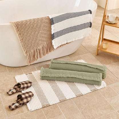 Waffle Bath Mat Non Slip, Boho Runner Rug, Super Absorbent Quick Dry Long Bath Runner Bathroom, Soft Farmhouse Bath Rug with Tassels, Washable Shower Mats for Floor 24"x48", Tassels Sage Green