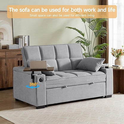 66" Multi-Functional Pull-Out Sofa Bed with Hidden Side Table, Storage Armrests, Built-in Charging Port, Spring Mattress, Solid Wood Frame – Ideal for Small Spaces, Easy Assembly
