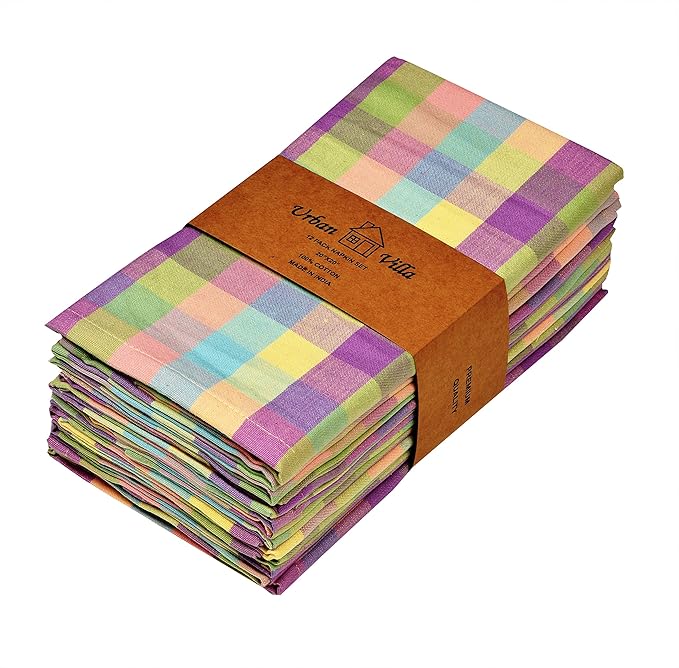Urban Villa Cloth Napkins Set of 12 20x20 Inches 100% Cotton Napkins Cloth Washable Soft Durable Reusable Absorbent Table Dinner Napkins Cloth for Hotel Lunch Restaurant Weddings Parties-Easter Checks