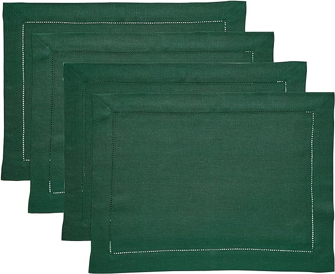 Solino Home Linen Placemats Set of 4 - Classic Hemstitch Rainforest Green Placemats 14 x 19 Inch - 100% Pure Linen Table Mats for Fall, Autumn, Christmas, Holiday, Winter, New Year