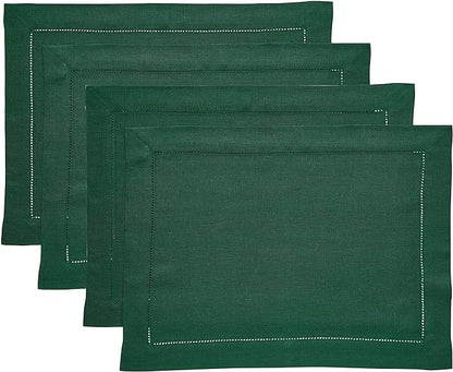 Solino Home Linen Placemats Set of 4 - Classic Hemstitch Rainforest Green Placemats 14 x 19 Inch - 100% Pure Linen Table Mats for Fall, Autumn, Christmas, Holiday, Winter, New Year