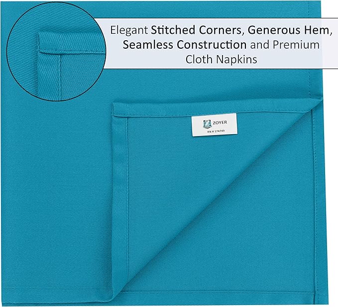 Zoyer Cloth Napkins Set of 12, 18x18 Inches Cotton Enrich Napkins Cloth ‎Washable, Soft & Durable Dinner Napkins for Parties, Wedding, Christmas, ‎Thanksgiving & Everyday Use - Teal