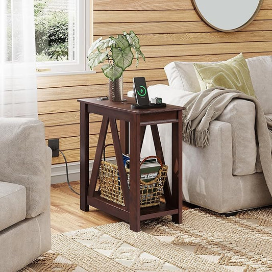 WLIVE Narrow End Table with Charging Station of Open Storage Shelf，Sofa Side Table with 2 USB Ports and 2 Power Outlets，Slim Farmhouse End Table for Small Spaces, 11.8" D x 23.6" W x 23.74" H