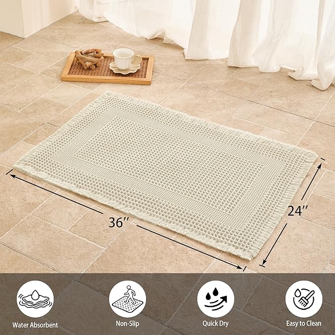 Waffle Bath Mat Non Slip, Boho Bathroom Rug, Super Absorbent Quick Dry Bathroom Mat, Soft Farmhouse Bath Rug with Tassels, Small Washable Shower Mats for Floor 24"x36", Square Cream
