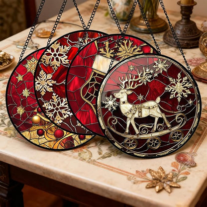 Stained Glass Window Hanging 4 Pcs Set Red Christmas Elk Snowflakes 9.8" - Deer Suncatcher Door Garden Sun Catcher Decor Birthday for Mom Woman Nana Men Friend
