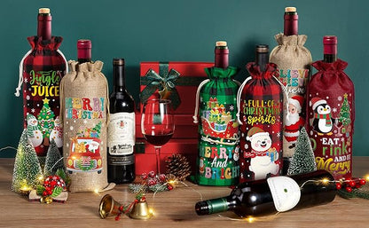 12PCS Burlap Wine Bag Christmas Wine Gift Bags, Drawstring Retro Christmas Bottle Cover Gift Bag w/ Tag, Buffalo Plaid Wines Bags for Bottles Gifts Reusable Bottle Covers for Xmas Holiday Party Decor
