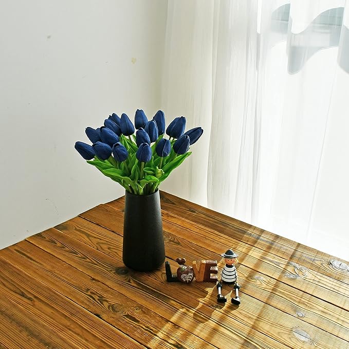 ONLY ART Artificial Navy Blue Tulips 20 Pcs – 13.5 Inch PU Faux Flowers with Bendable Stems for Home Décor, Wedding Centerpieces, DIY Floral Arrangements, Table Decorations
