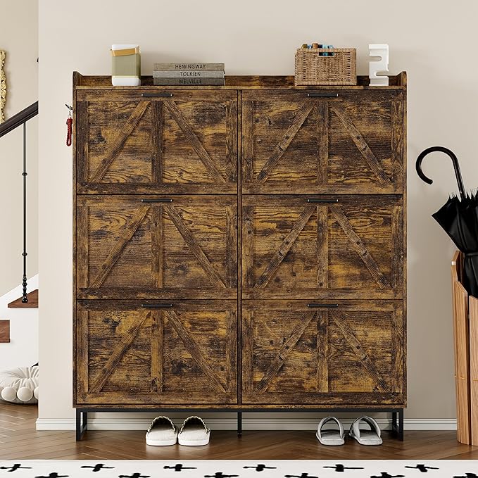 Shoe Cabinet with 6 Flip Drawers Narrow Shoe Storage Cabinet Organizer Wooden Freestanding Shoe Rack Hidden Slim Shoes Storage Cabinet for Entryway, Hallway, Living Room, Bedroom
