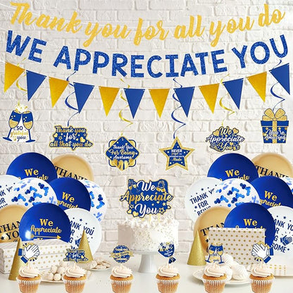 DARUNAXY Blue Gold We Appreciate You Decorations, Thank You All You Do Banner Hanging Swirl Confetti Balloons for Retirement Office Coworker Staff Teachers Nurse Appreciation Gifts Party Supply