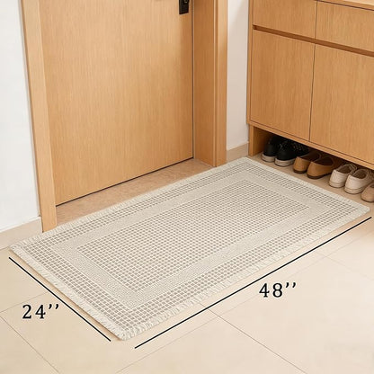 Waffle Bath Mat Non Slip, Boho Runner Rug, Super Absorbent Quick Dry Long Bath Runner Bathroom, Soft Farmhouse Bath Rug with Tassels, Washable Shower Mats for Floor 24"x48", Square Cream