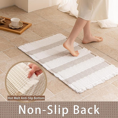 Waffle Bath Mat Non Slip, Boho Bathroom Rug, Super Absorbent Quick Dry Bathroom Mat, Soft Farmhouse Bath Rug with Tassels, Small Washable Shower Mats for Floor 16"x24", White and Taupe