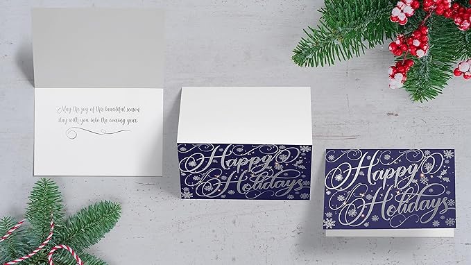 Better Office Products 50 Pack Happy Holidays Cards with Silver Foil Accents, 5" x 7", High Gloss, Interior Greeting, with 50 Envelopes, Christmas Cards, New Years Cards, 50 Count Boxed Set