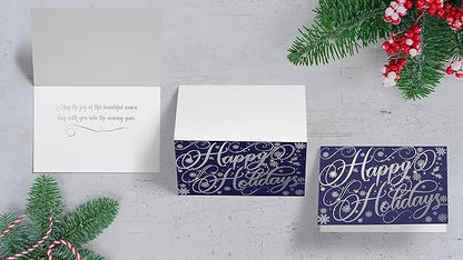 Better Office Products 50 Pack Happy Holidays Cards with Silver Foil Accents, 5" x 7", High Gloss, Interior Greeting, with 50 Envelopes, Christmas Cards, New Years Cards, 50 Count Boxed Set