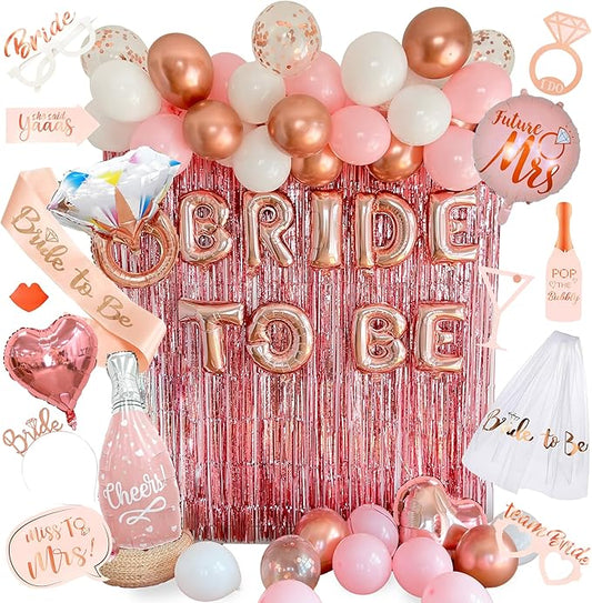 VIDAL CRAFTS 62-Piece Rose Gold Bridal Shower Decorations – Bachelorette Party Decor with Confetti Balloons, Bride-to-Be Banner, Bridal Veil, Fringe Curtains, Bride Sash & Fun Photo Props [UPGRADED]