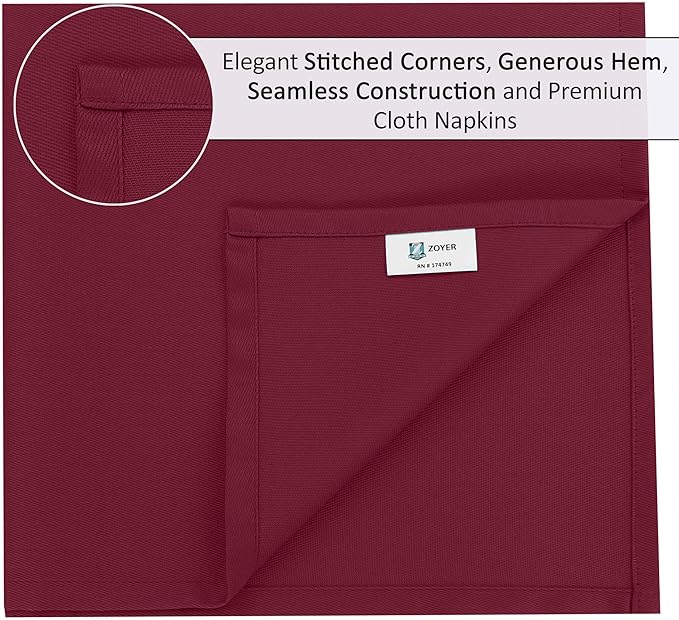 Zoyer Cloth Napkins Set of 12, 18x18 Inches Cotton Enrich Napkins Cloth ‎Washable, Soft & Durable Dinner Napkins for Parties, Wedding, Christmas, ‎Thanksgiving & Everyday Use - Burgundy