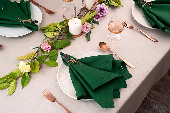 D'Moksha Homes Forest Green Linen Napkins Set of 4 - Classic Hemstitch 100% Pure Linen Hemstitch Dinner Napkins 20 x 20 Inch for Christmas, Holiday - Handcrafted and Machine Washable