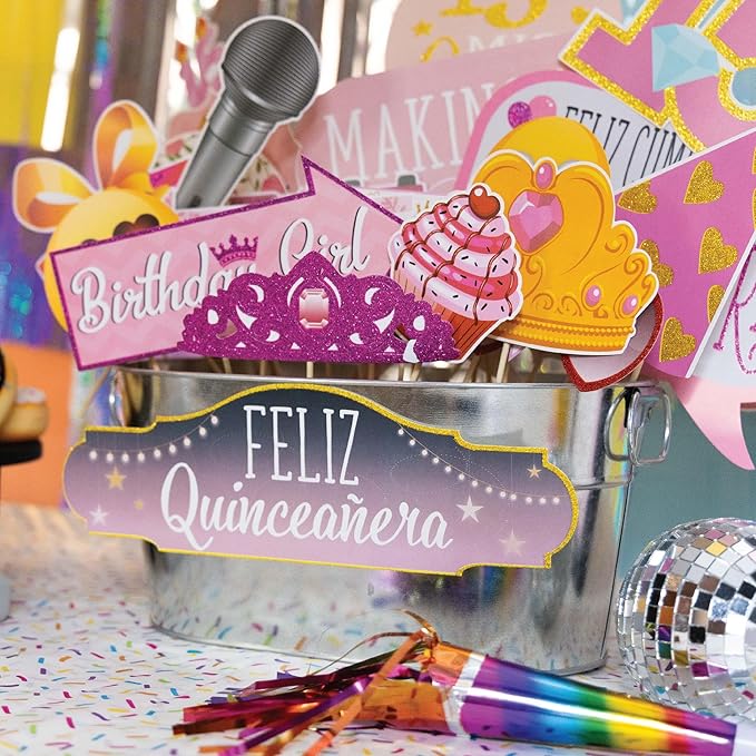 Quinceanera Photo Booth Props - 41-pc Photobooth Kit with 8 x 10-Inch Sign, 60 Adhesive Pads, 45 Sticks - Sweet 15 Photo Booth Props - Decoracion para 15 Años Quinceañeras