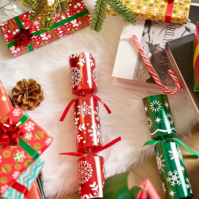JOYIN 10 Pack Christmas Non-Snap Party Favor, Red & Green Snowflake Table Favor Includes Party Hat, Jokes & Gifts, Christmas Table Decorations for Holiday Dinner Traditions Party Supplies