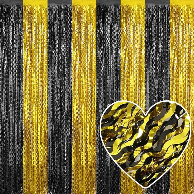 4 Pack Black Gold Fringe Curtain Backdrop 3.2Ft x 8.2Ft Metallic Tinsel Foil Fringe Streamers Background for Photo Booth Mother's Day, Easter, Carnival, Birthday, Wedding Party Decoration