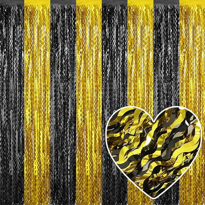 4 Pack Black Gold Fringe Curtain Backdrop 3.2Ft x 8.2Ft Metallic Tinsel Foil Fringe Streamers Background for Photo Booth Mother's Day, Easter, Carnival, Birthday, Wedding Party Decoration