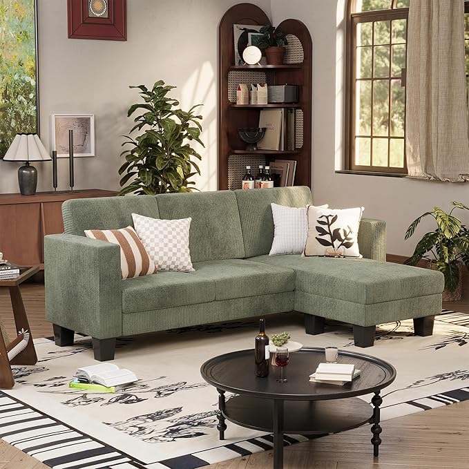 VICTONE Convertible Sectional Sofa Couch, 3 Seat L-Shaped Sofa with Linen Fabric Ottoman Small Couch for Small Apartments, Living Room and Office (Corduroy, Green)