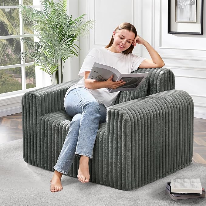 Hobestluk Single Sofa Foam Couch Sofa for Small Spaces Comfy Sofas with Removable Cover Furry Couch with Pillows for Living Room, Bedroom, Apartment, Office (Grey, Standard)