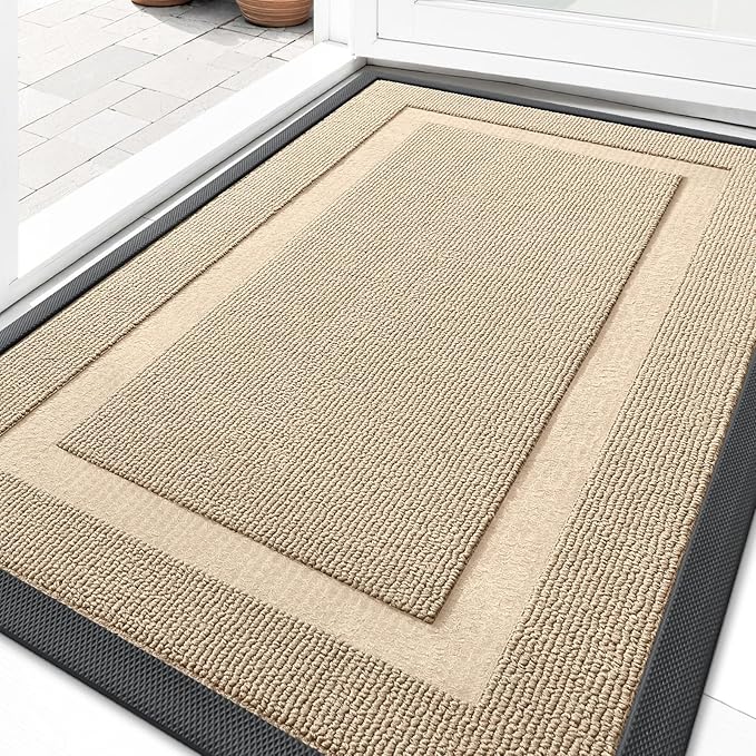 OLANLY Front Door Mat Indoor Outdoor Entrance, Waterproof All-Season, All-Weather Doormat, Sturdy Natural Rubber, Low Profile, Easy Clean Patio Porch Entryway Mat, 47x17, Off-White