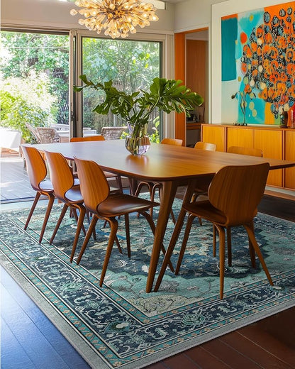 Area Rugs Square 8ft Washable Non-Slip, Floral Vintage Distress Print Pattern Medallion Carpet for Living Room Bedroom Dining Room, Teal Green Lake Blue Turquoise