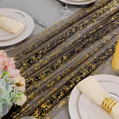Snowkingdom 10 Pcs Black & Gold Cheesecloth Table Runner 10 FT, Sheer Chiffon Sparkle Gauze Mesh Runners 120 Inch, Glitter Table Centerpieces Decoration for Birthday Party Wedding Christmas Halloween