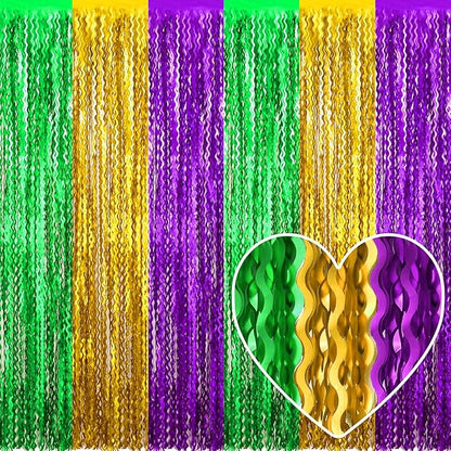 4 Pack Gold Green Purple Fringe Curtain Backdrop 3.2Ft x 8.2Ft Metallic Tinsel Foil Fringe Streamers Background for Photo Booth Mother's Day, Easter, Carnival, Birthday, Wedding Party Decoration