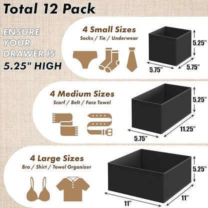 SIMPLE HOUSEWARE Foldable Drawer Organizer for Clothes/Underwear/Panty/Onesie Stocking Bin, Set of 12, Black