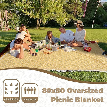 Genovega 2 in 1 Extra Large 80"* 80" Picnic Blankets Waterproof Outdoor Beach Blanket Foldable Camping Mat Supplies Europe Travel Accessories Hawaii Necessities Hiking Items Yellow