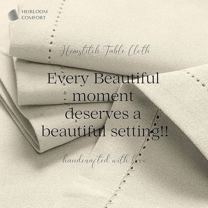 Ivory Cotton Tablecloth, Table Cover 52x70 Inch, Fits 4-6 Seats, Durable, Washable, Wrinkle Resistant, Rectangle Table Cloth for Dining, Elegant Dinners, Weddings, Special Occasions