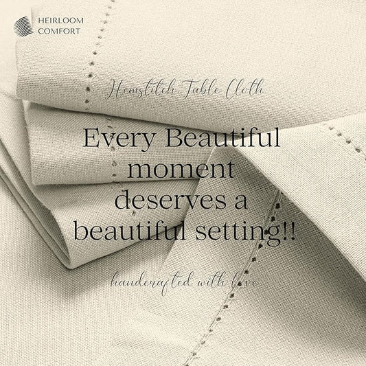 Ivory Cotton Tablecloth, Table Cover 52x70 Inch, Fits 4-6 Seats, Durable, Washable, Wrinkle Resistant, Rectangle Table Cloth for Dining, Elegant Dinners, Weddings, Special Occasions