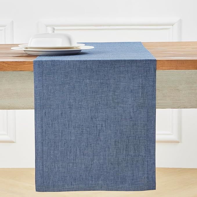 Solino Home Linen Table Runner 120 Inches Long - Athena, 100% Pure Linen Blue Denim Dining Table Runner 14 x 120 Inch for Thanksgiving