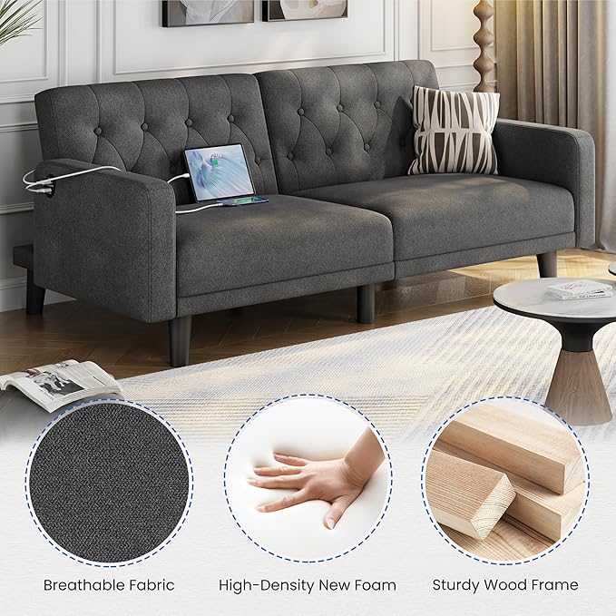 Yaheetech 63" Convertible Couch Small Futon Sofa Bed with 2 USB Ports, Reclining Backrest & Removable Armrests, Mid Century Modern Loveseat for Living Room, Apartment, Office, Dark Gray